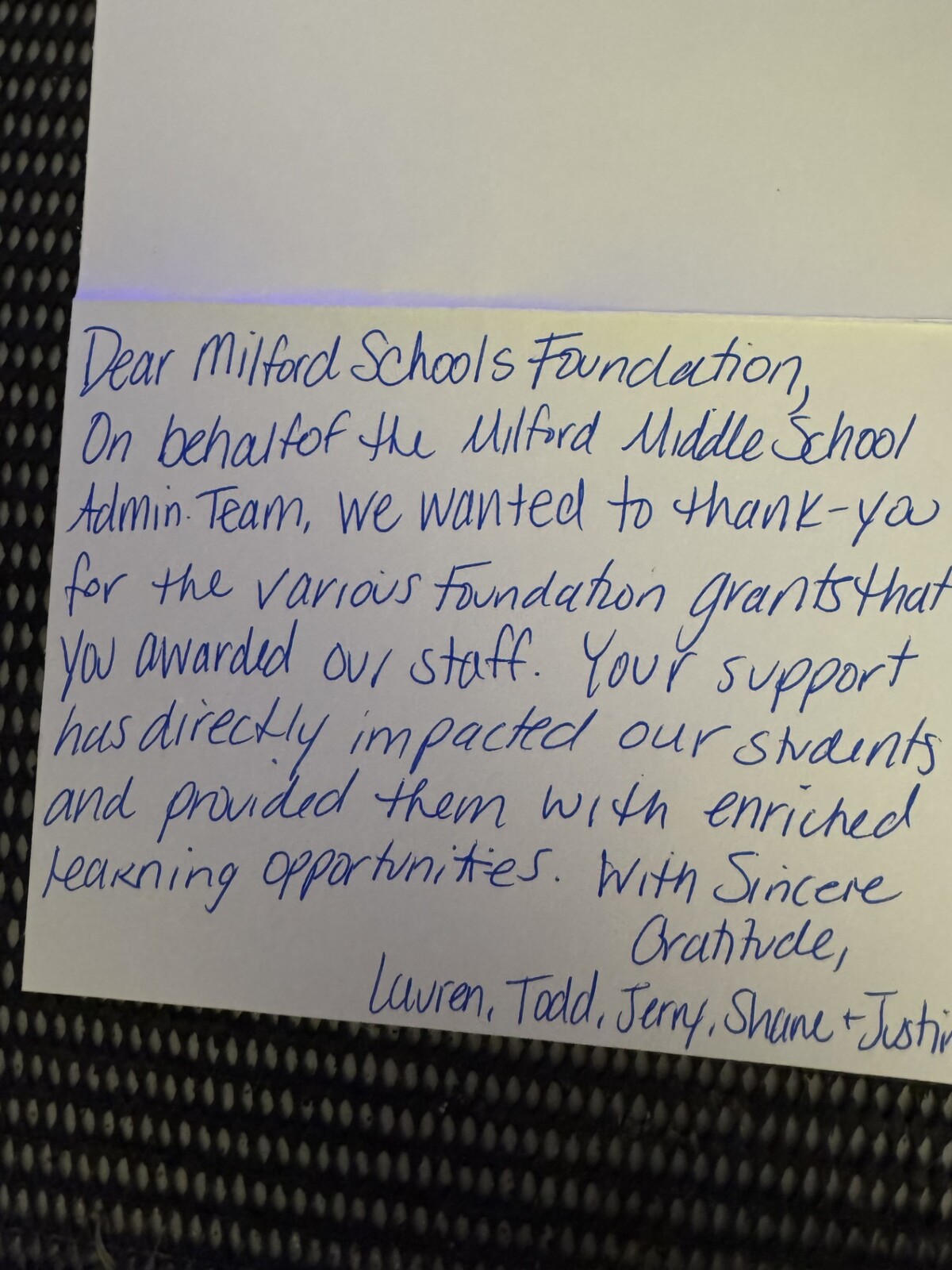 Card from the Milford Admin Team