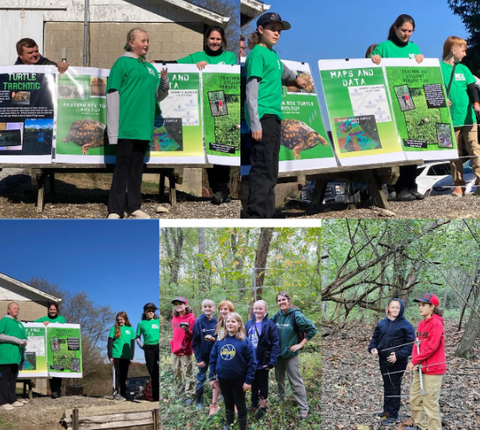 Photo collage of students in the woods and presenting Turtle Tracking projects