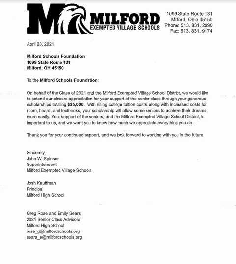 a copy of a thank you letter